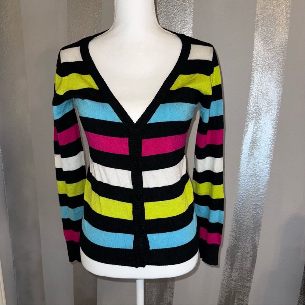 Neon Stripes Women's V-neck Sweater Cardigan 80’s 90’s Y2K Pop New Wave‎ Retro